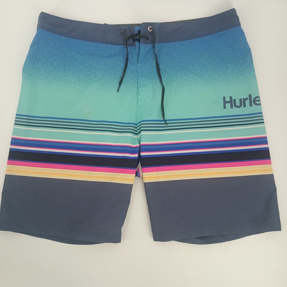 Hurley Phantom Board Shorts Mens 36 Blue Teal Striped Swim Trunks Gradient